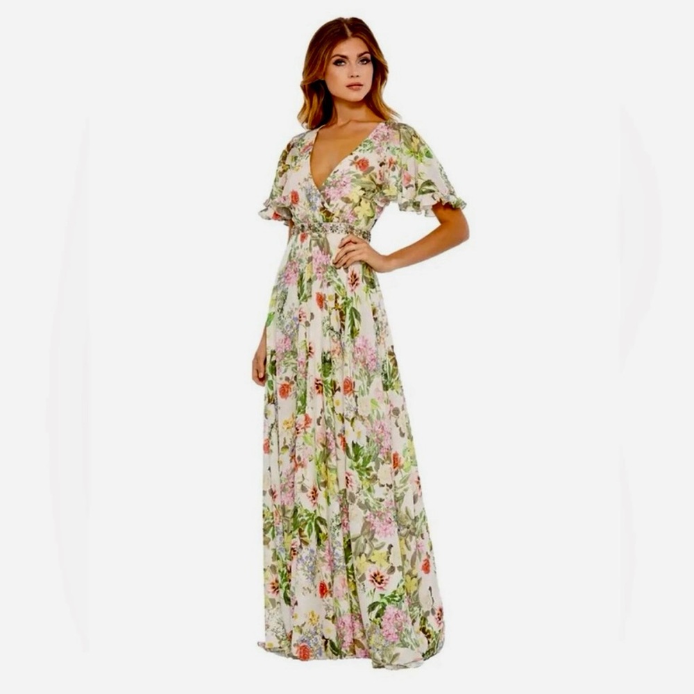 Mac Duggal Floral Flutter Sleeve Faux Wrap Maxi A-line Gown Sz 16